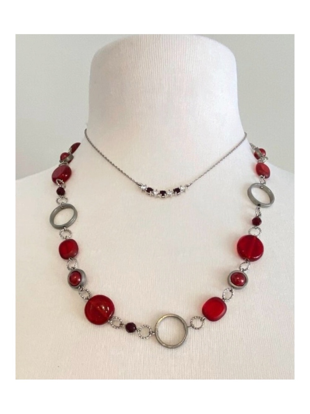Red Beaded Necklace & Silver-Tone Rhinestone Pendant statement  arrangement